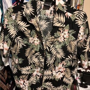 Erika Black Shirt with Cream Palm Leaves and Pink Floral Accents